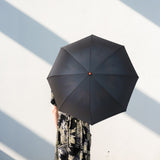 Person stands facing away, umbrella angled with canopy exterior toward the camera.