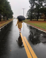 Woman with an open umbrella walks away down a rainy street.