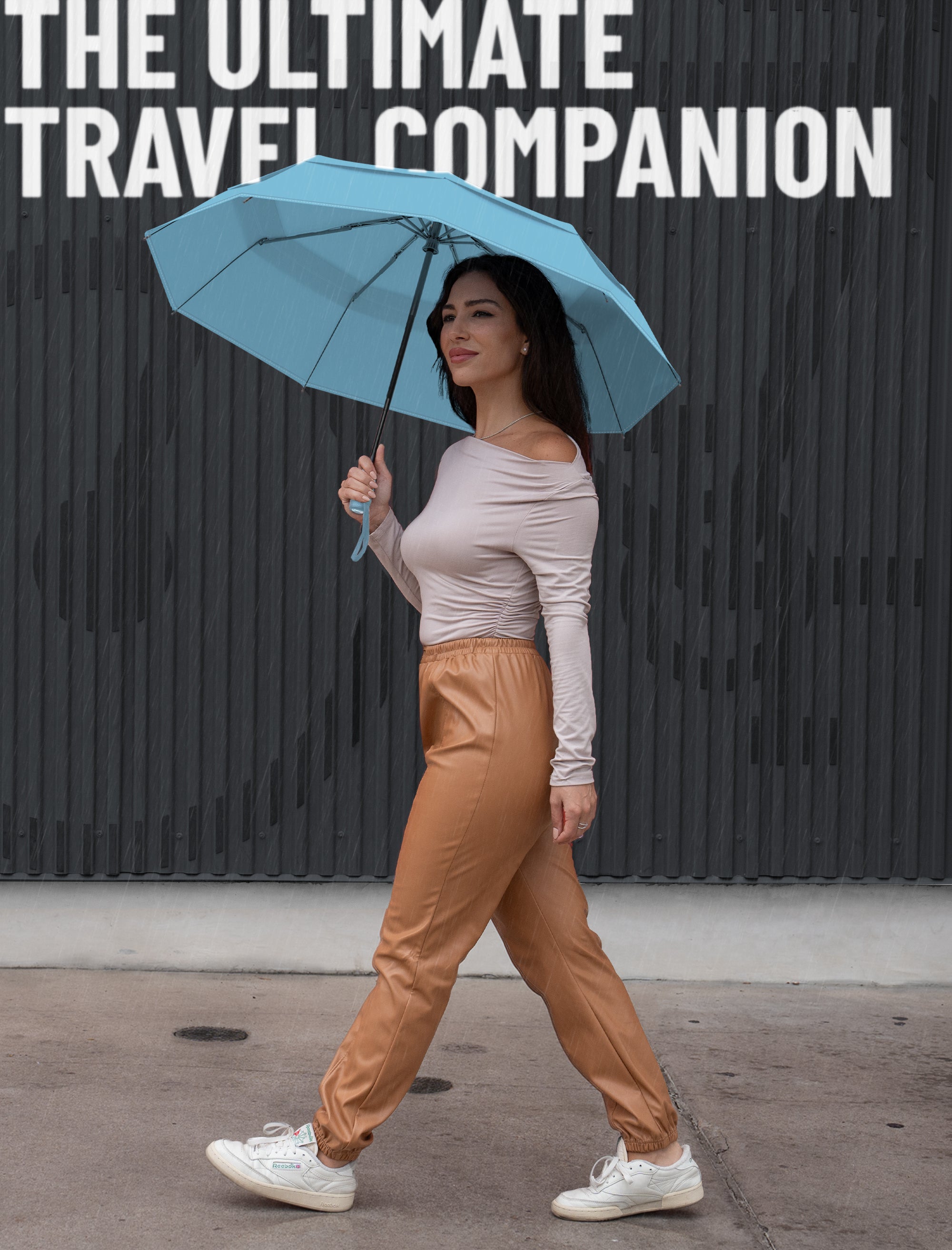 Windproof Travel Umbrella - Compact, Automatic, Pastel Blue
