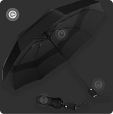 Black umbrella, open and closed, with four icons highlighting features, emphasizing auto open/close