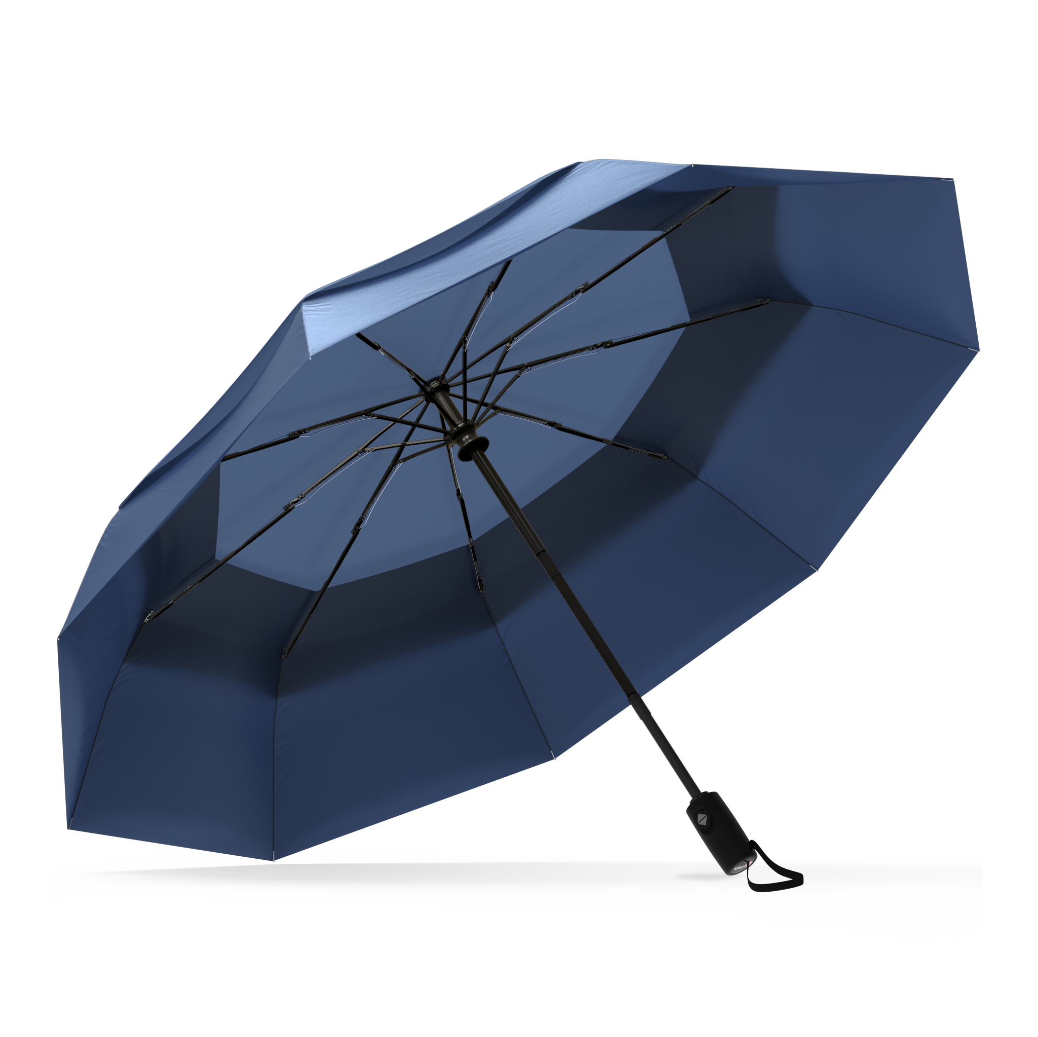 Navy blue best-selling windproof compact umbrella, open and leaning left.