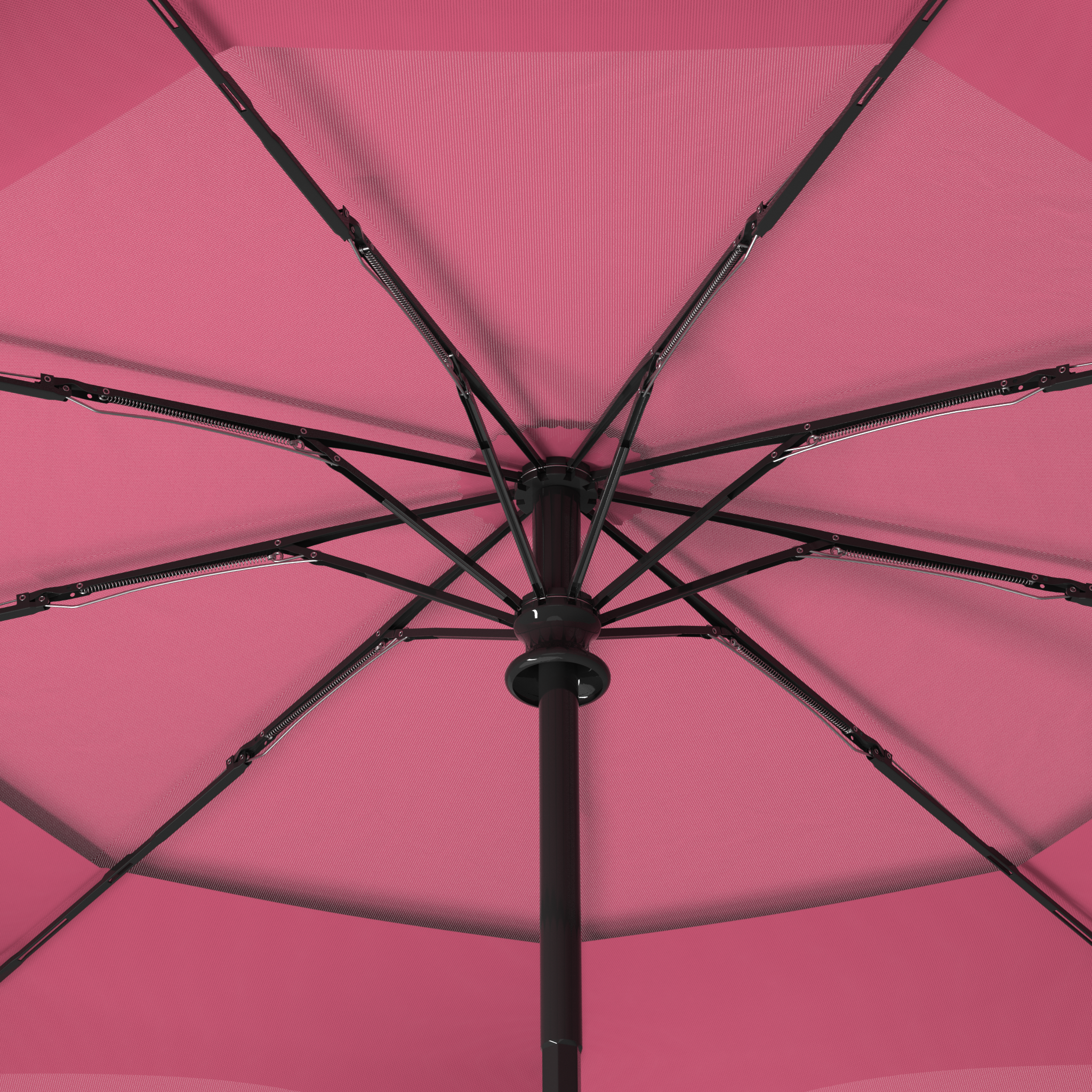 Close-up of Repel's windproof compact umbrella frame and ribs, featuring a pink canopy.