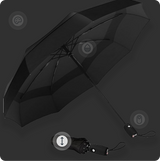 Black umbrella, open and closed, with four icons highlighting features, emphasizing auto open/close