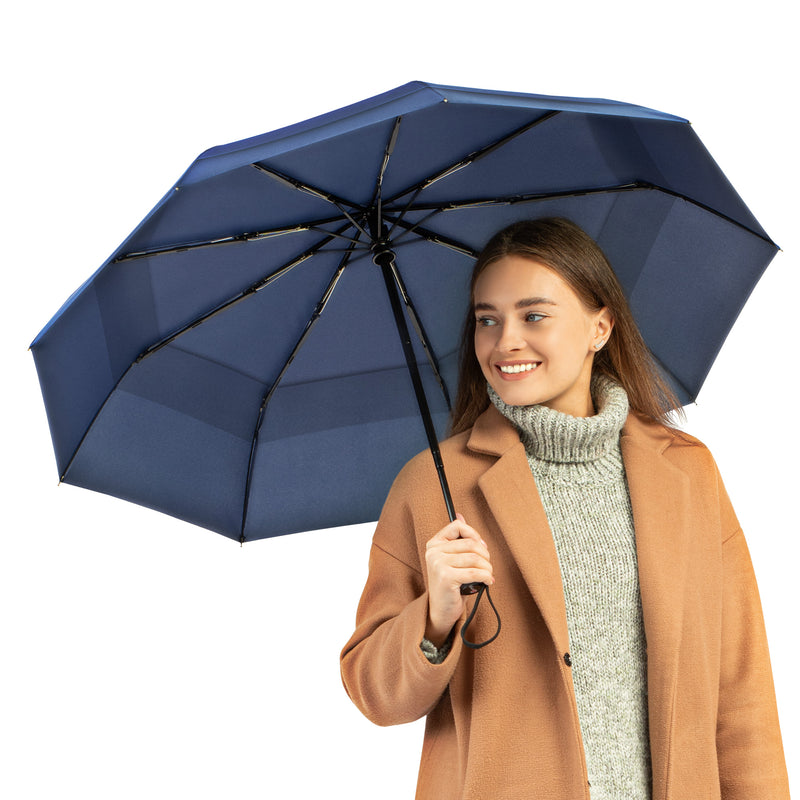 Windproof Travel Umbrella - Compact, Automatic, Navy Blue