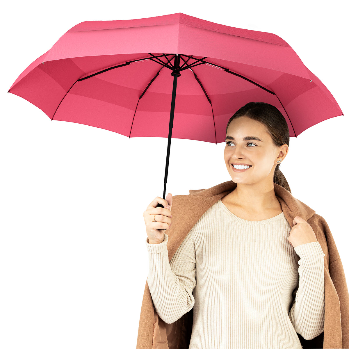 Windproof Travel Umbrella - Compact, Automatic, Pink
