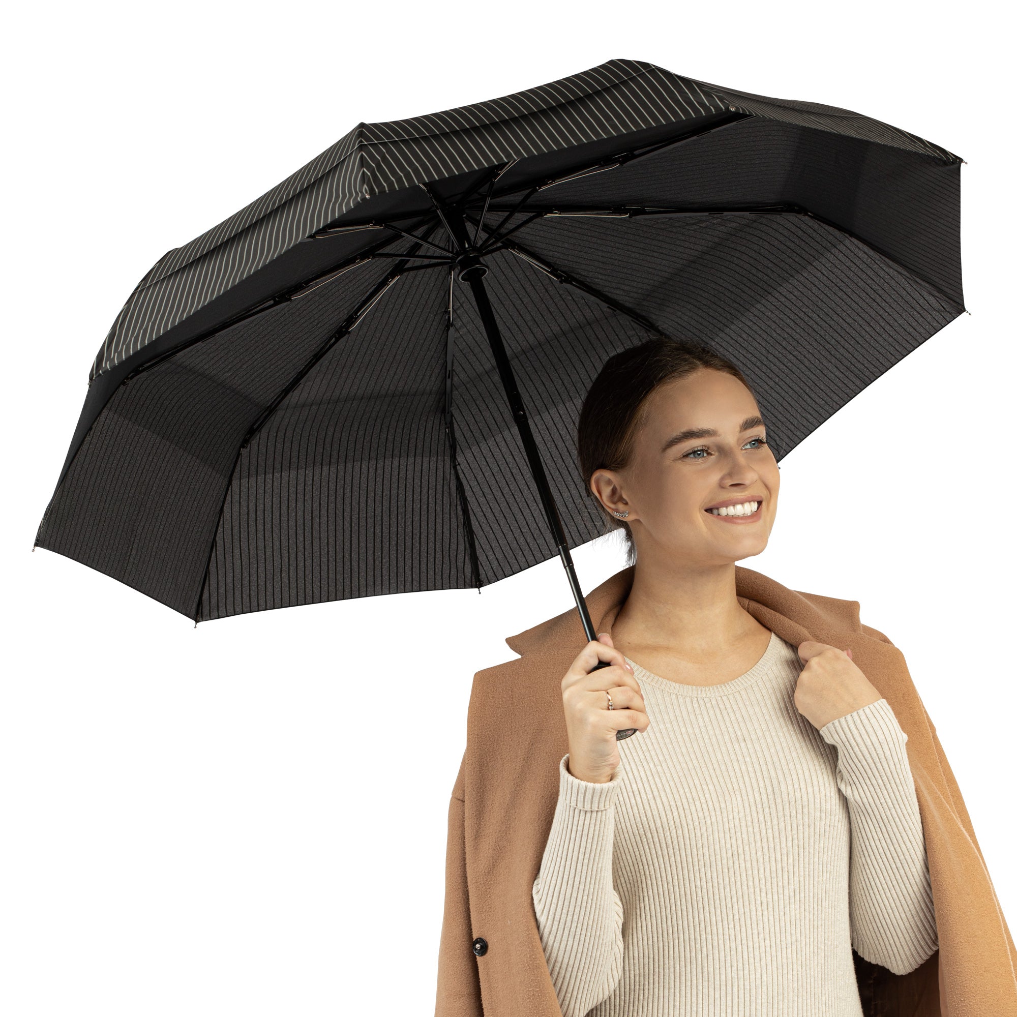 Windproof Travel Umbrella - Compact, Automatic, Pin Stripe