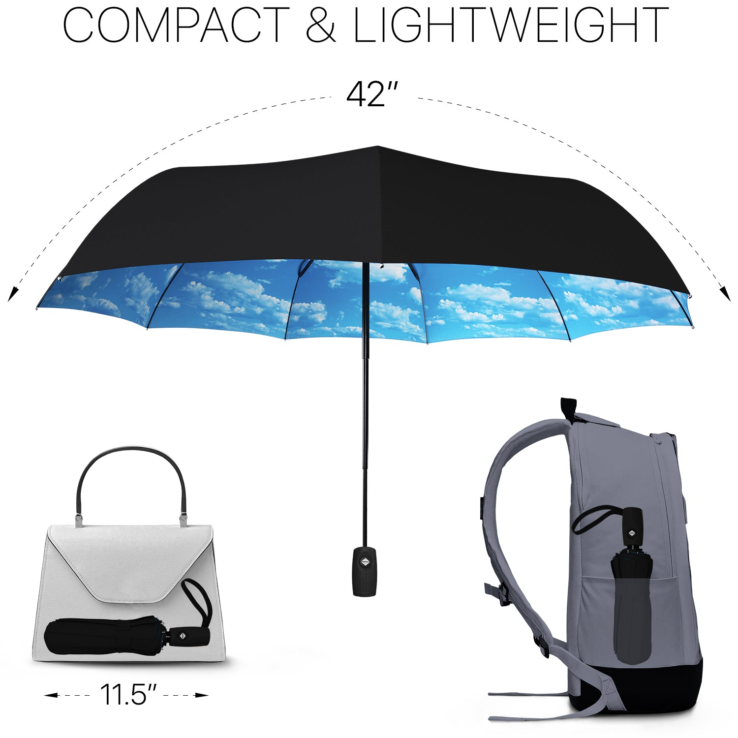 Windproof Travel Umbrella - Compact, Automatic, Blue Sky - Repel Umbrella
