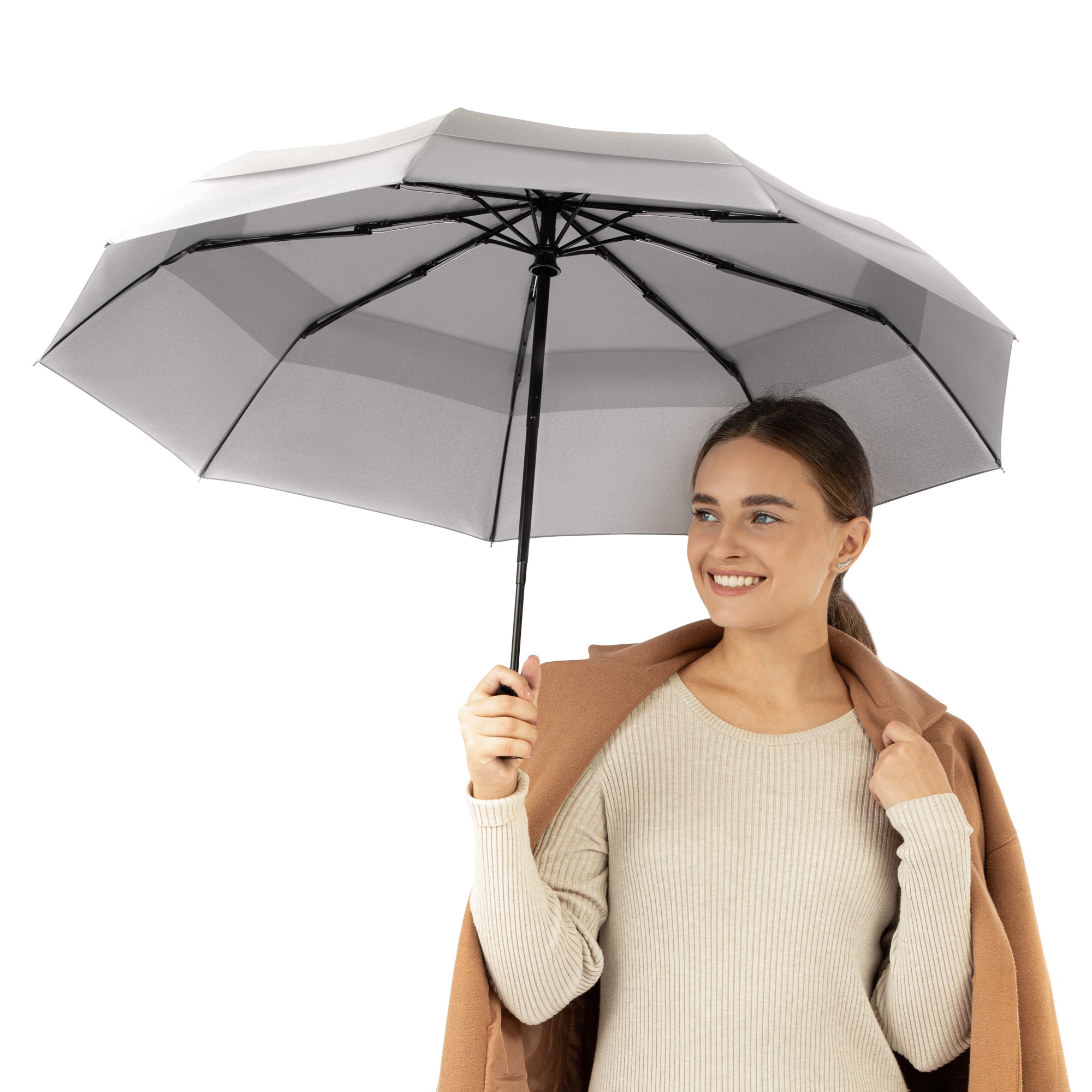 Windproof Travel Umbrella - Compact, Automatic, Grey