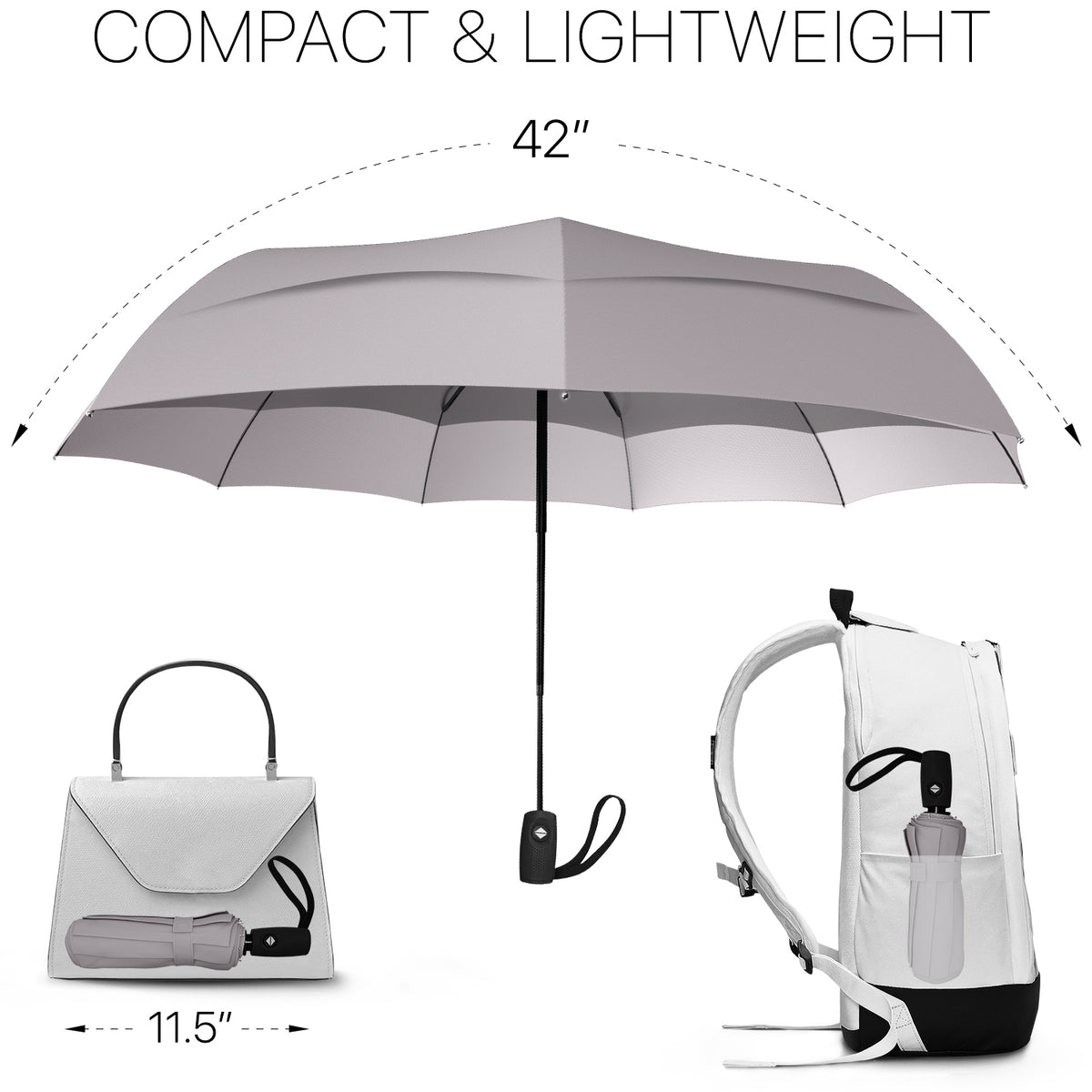 Windproof Travel Umbrella - Compact, Automatic, Grey