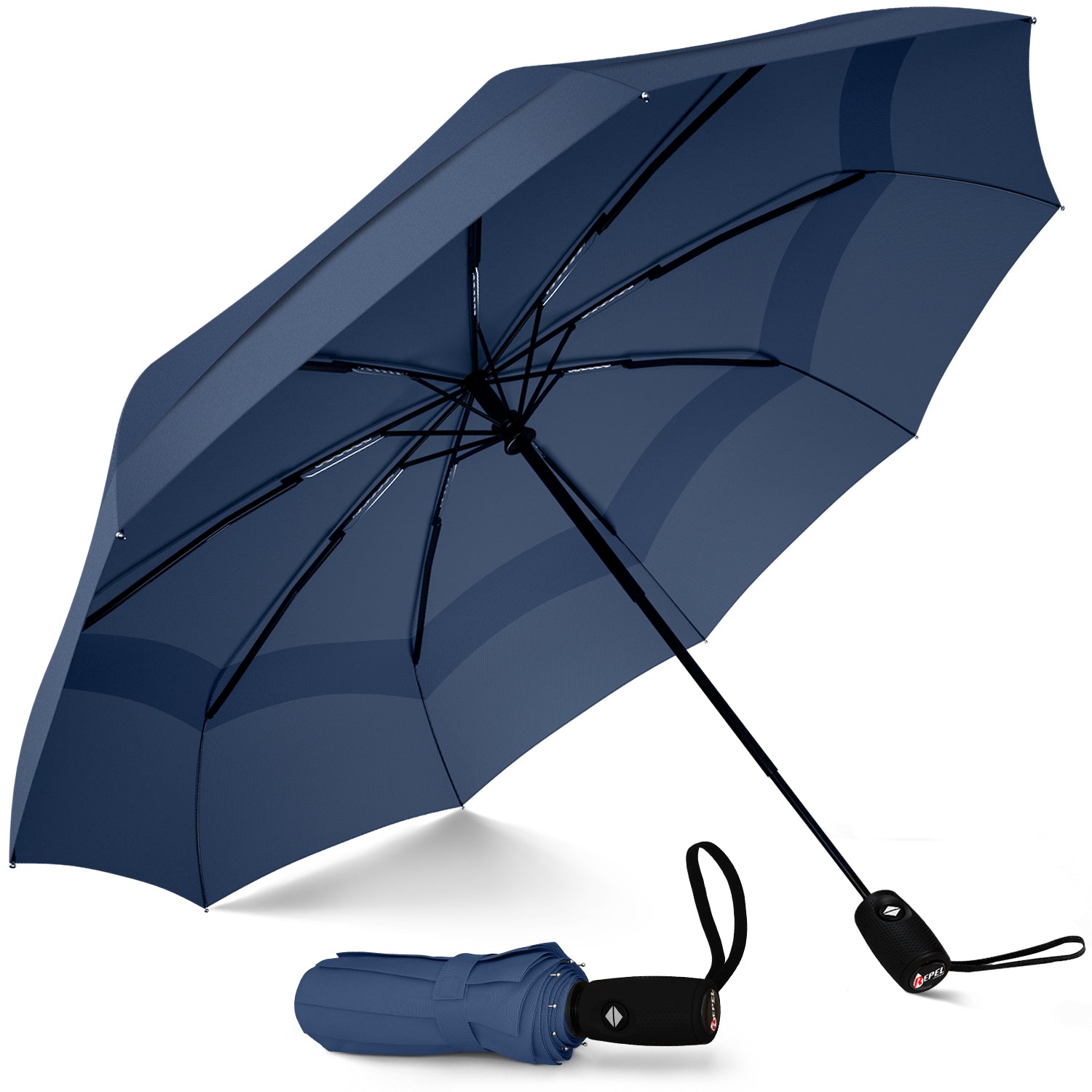 Windproof Travel Umbrella - Compact, Automatic, Navy Blue - Repel Umbrella