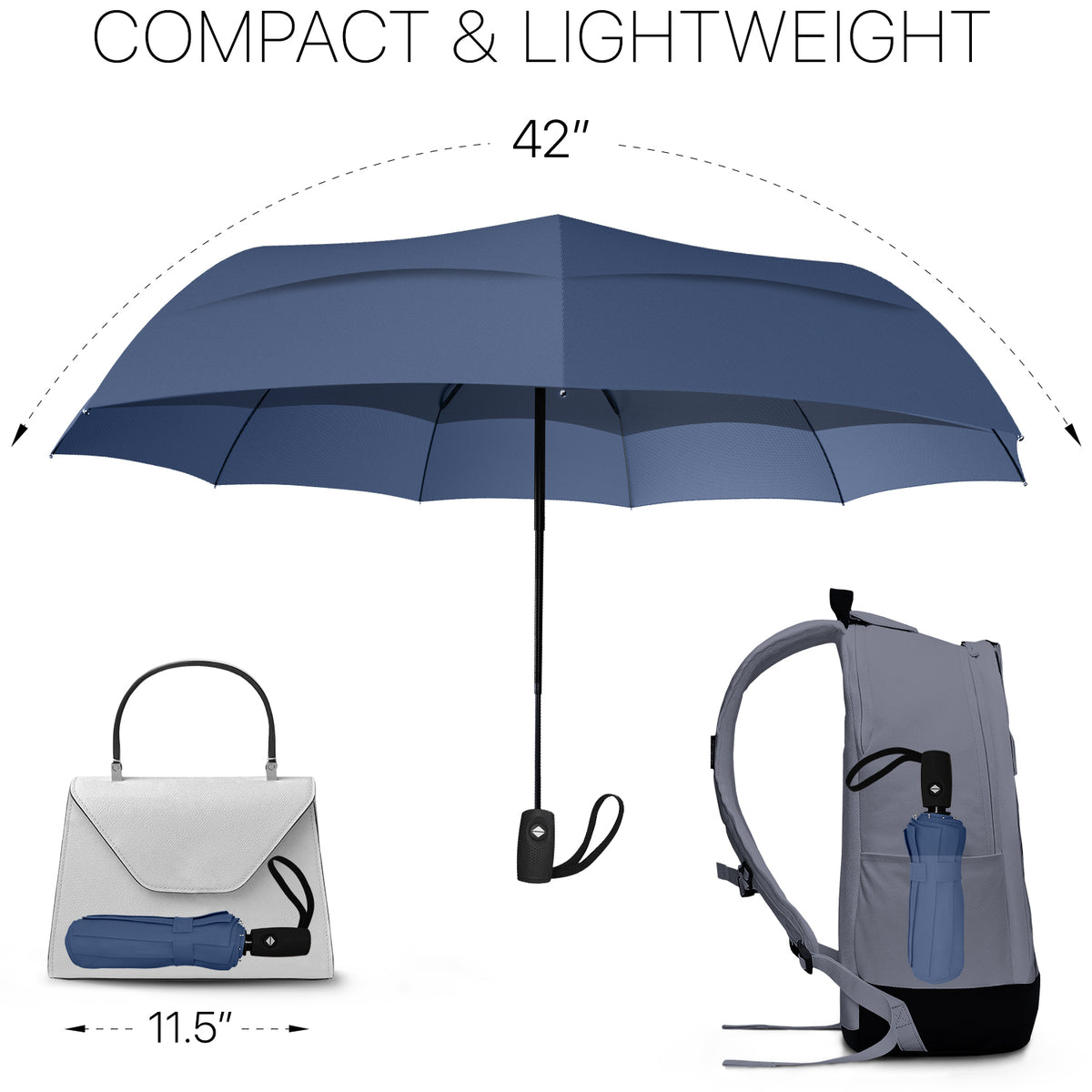 Windproof Travel Umbrella - Compact, Automatic, Navy Blue