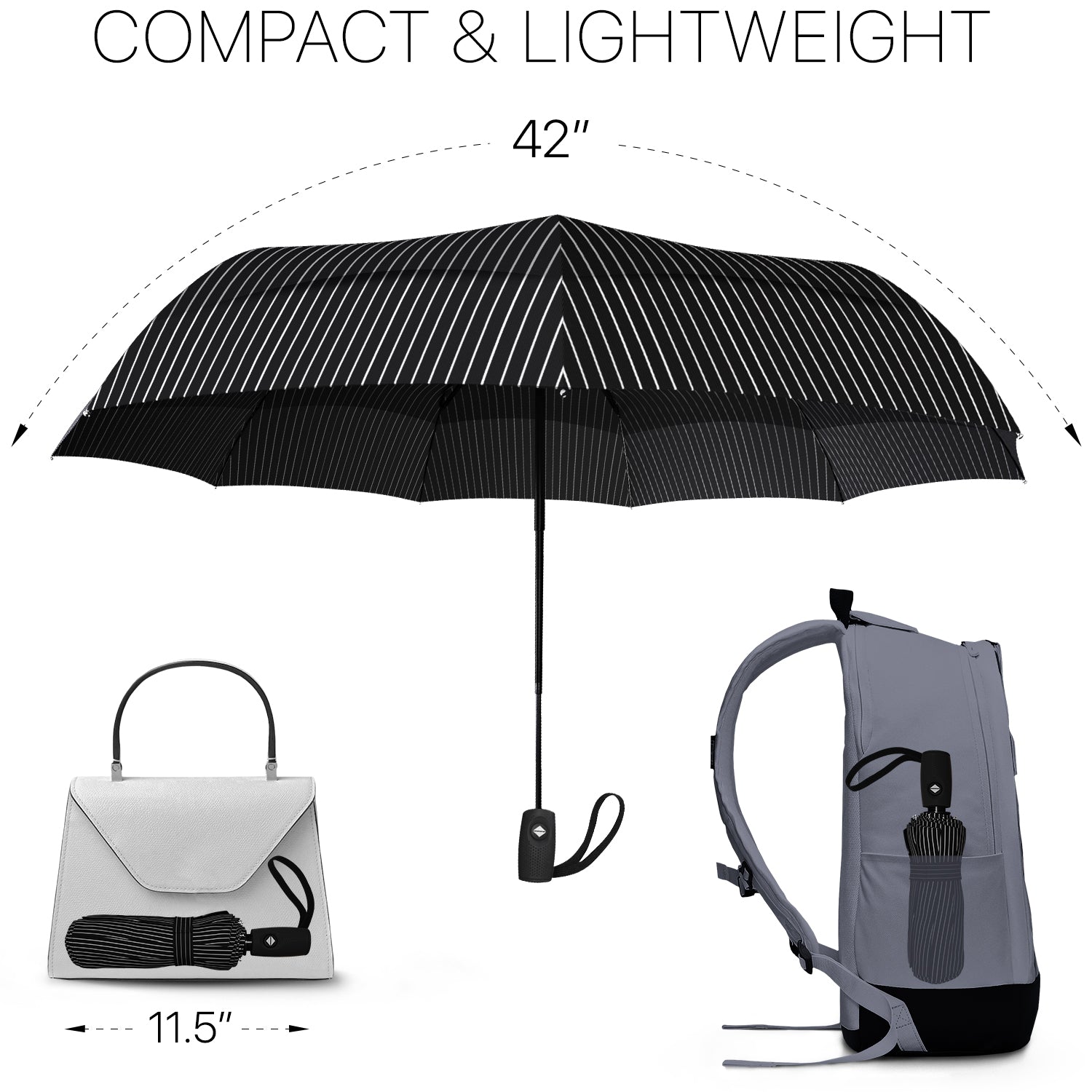 Windproof Travel Umbrella - Compact, Automatic, Pin Stripe