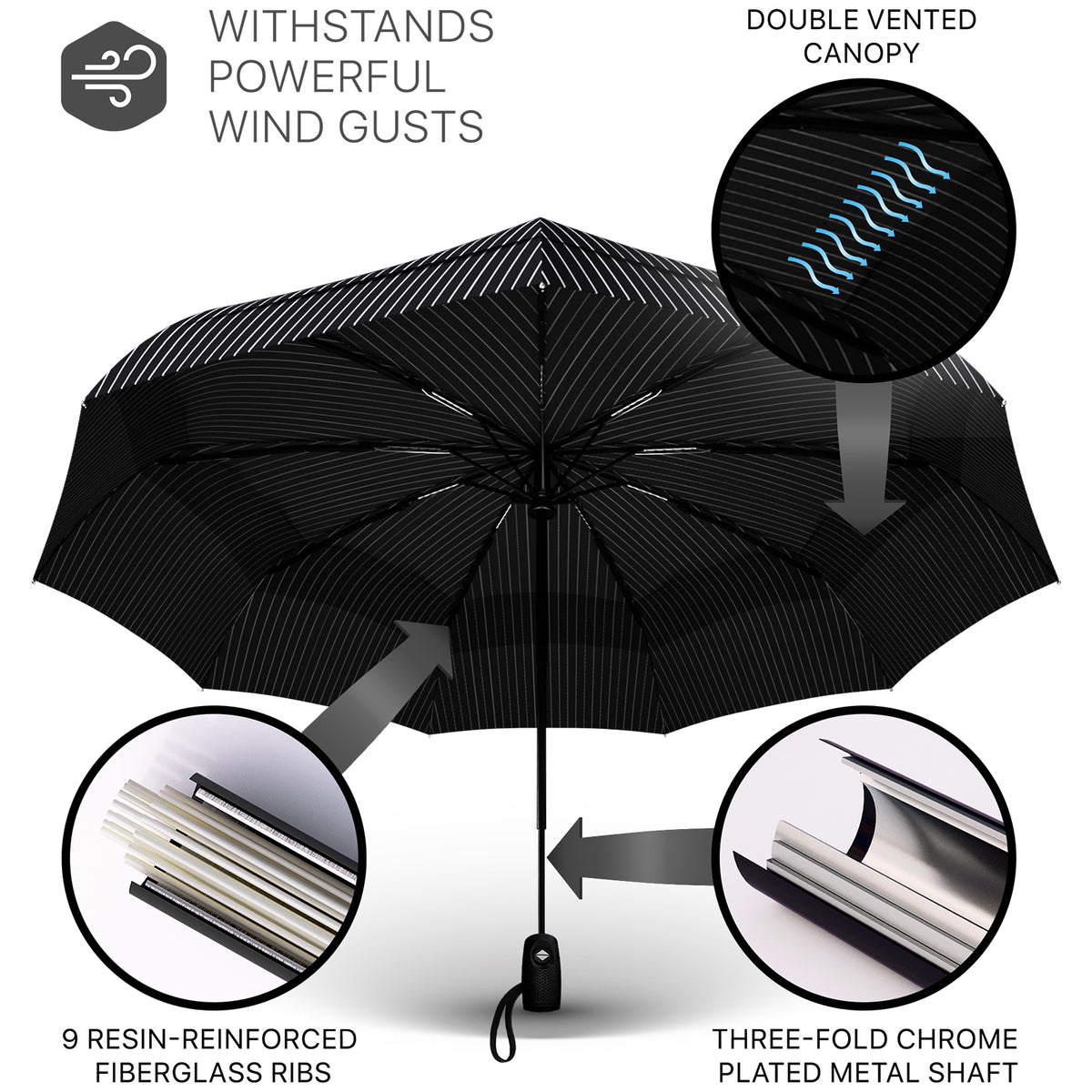 Windproof Travel Umbrella - Compact, Automatic, Pin Stripe