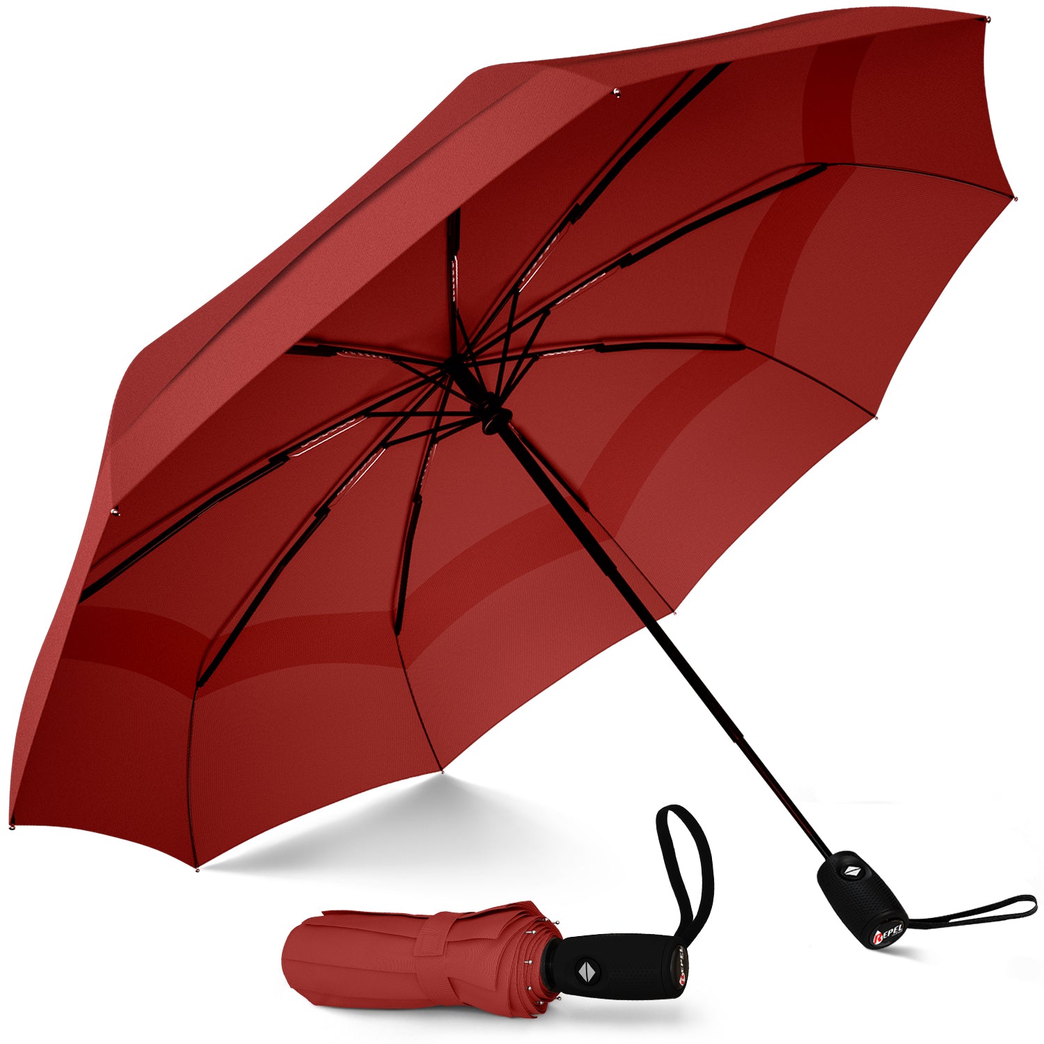 Windproof Travel Umbrella - Compact, Automatic, Red