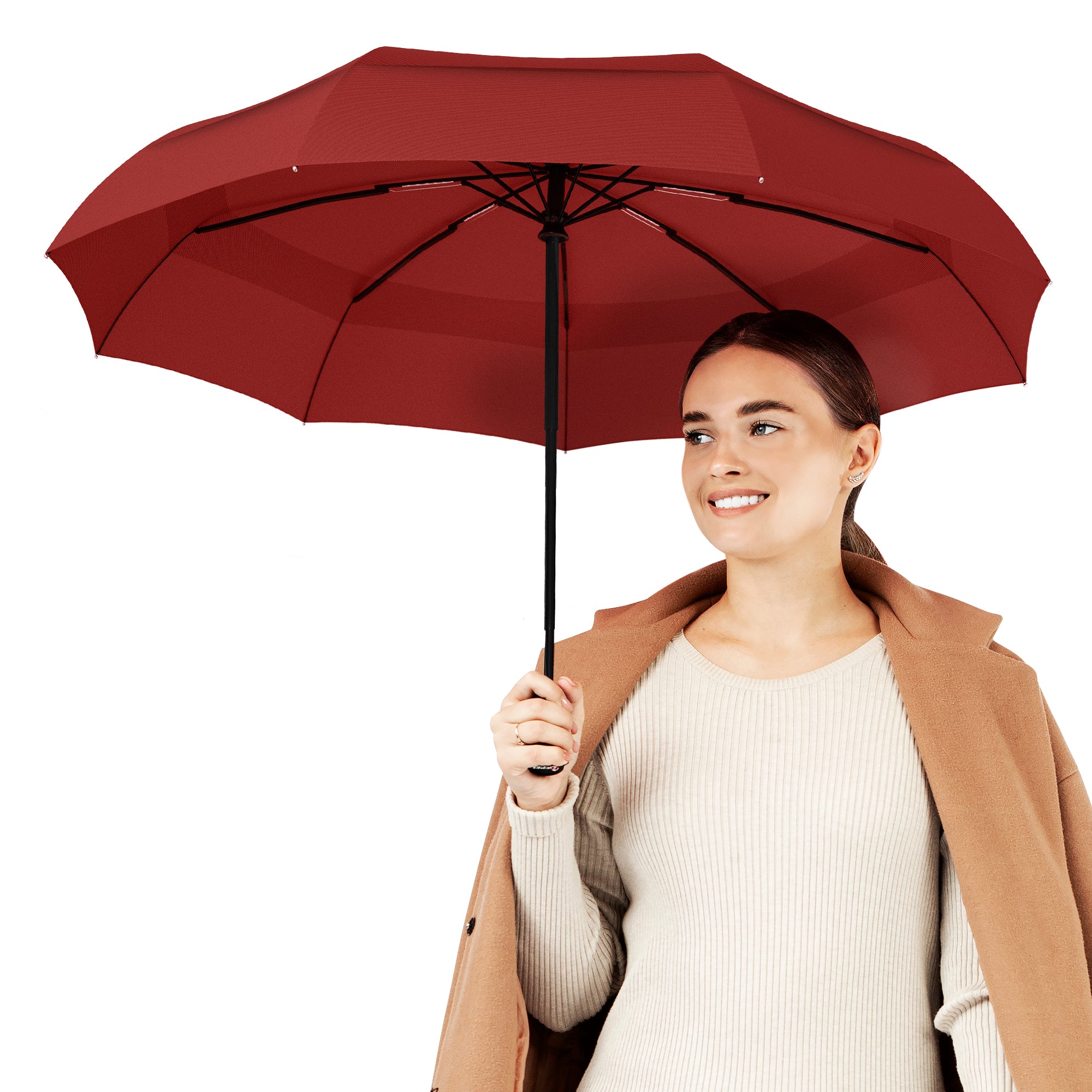 Windproof Travel Umbrella - Compact, Automatic, Red